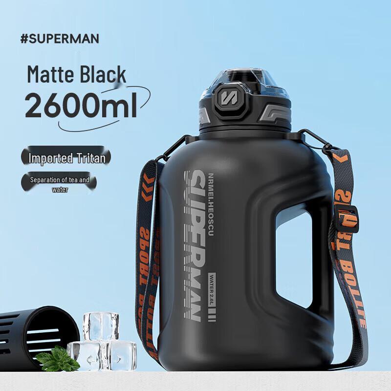 2.6L Matte Black Dual-Drink Sports Water Bottle with Straw