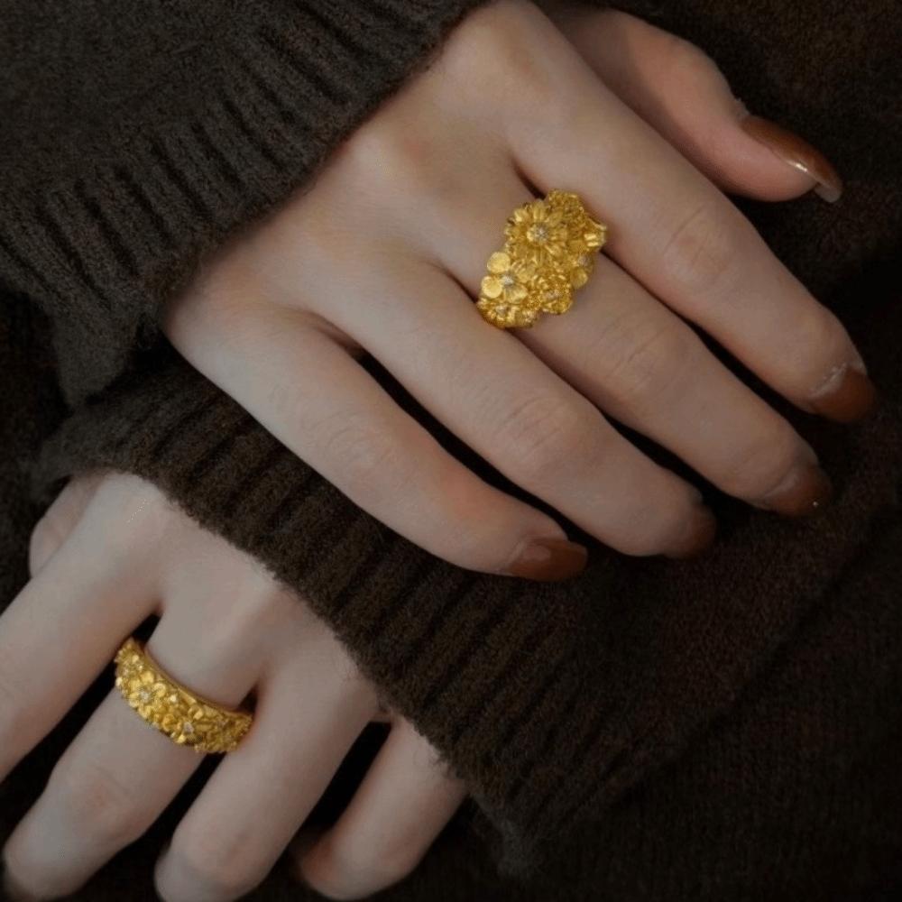 Glittering Rhinestone Accent Ring Sand Gold Gold Plated Ring Floral Adjustable Ring Birthday Gift