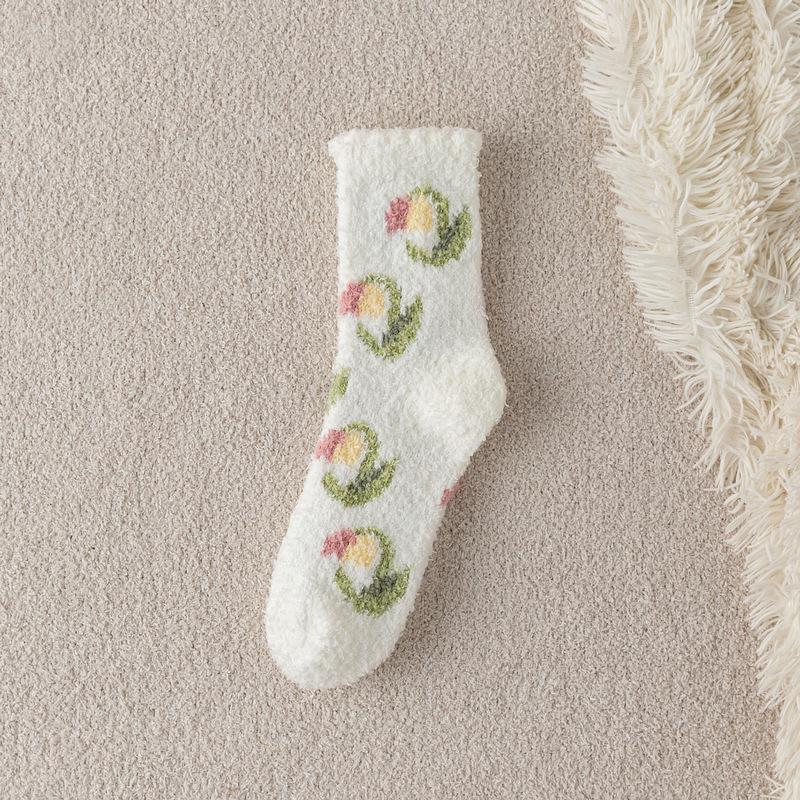 Coral Velvet Socks Women Winter Thickening Does Not Lose Hair Home Sleep Socks Tulip Warm Mid-Calf Floor Socks