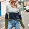 Ladies' Fashionable And Comfortable Color Blocked Hollow Out Low Round Neck Loose Long Sleeved Top