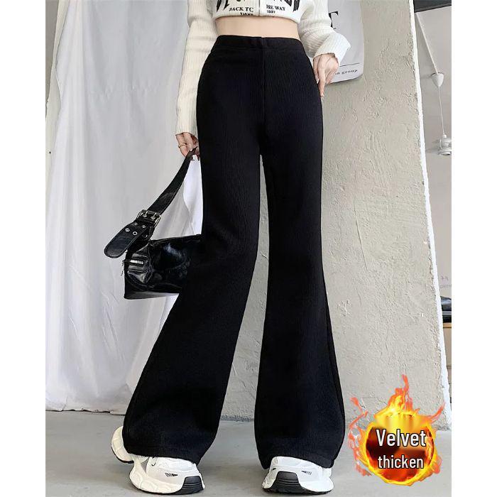 

Женские вельветовые брюки микро-клеш на флисовой подкладке - С высокой посадкой, плотные, стройнящие, теплые, с повседневной драпировкой для осени/зимы 2024. L