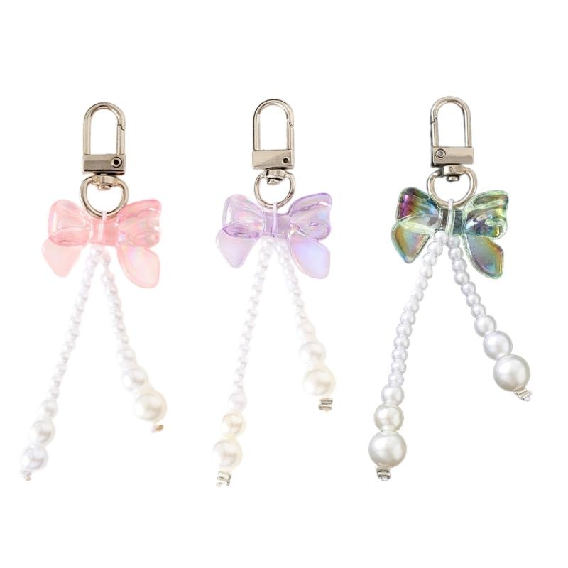 Bowknot Shaped Keychain Pendant Pearls Beaded Butterfly Knot Key Chain Fashionable Bow Ornament for Phones and Bag