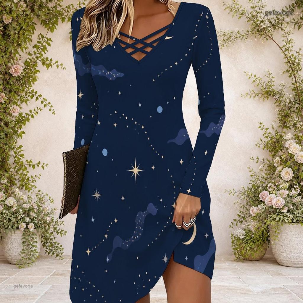Damen Cross V-Ausschnitt Langarmkleid Aquarell Spritzer Herz Muster Unregelmäßiger Saum Kleid