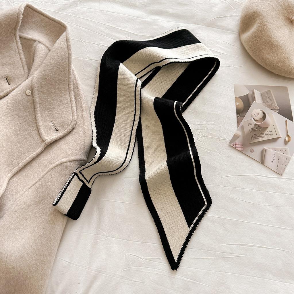 Polka Dot Striped Thicken And Warm Winter Small Knitted Scarf For Women Striped Neck Gaiter Versatile Temperament Scarves