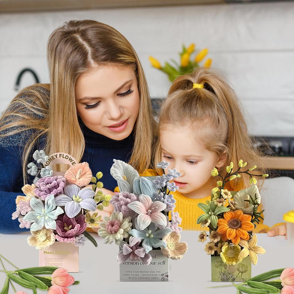 DIY Pfeifenreiniger Blumen Bastelset Kein Kleber Erforderlich Chenille-Stiele Blumenstrauß Bastelset für Zuhause Wohnzimmer Dekoration Muttertag Geschenk