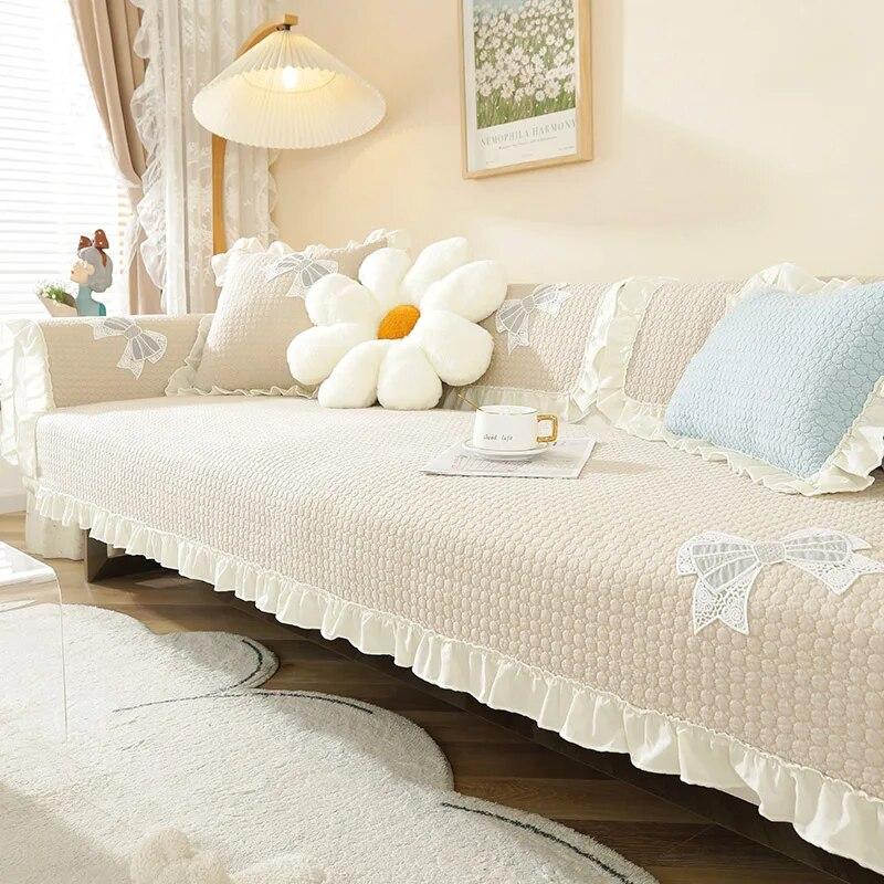 

Хлопковый коврик для дивана с белым кружевом, удобный мягкий нескользящий сплошной цвет, полотенце для дивана, универсальное красочное украшение для гостиной 70x70cm 1pcs