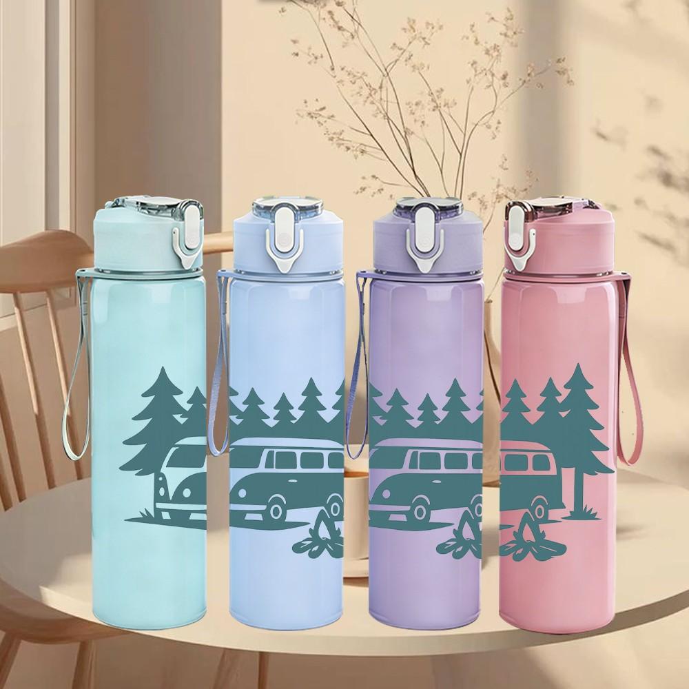 1PC Camper Van Pine Forest Scene Print 750ml Color Plastic Sports Water Bottle Leakproof Flip Straw Lid Suitable for Sports Office Home Use