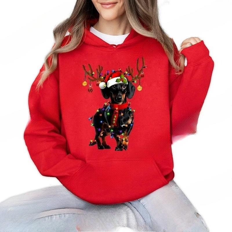 Christmas Dachshund Printed Hooded Sweatshirt Merry Christmas Women's Loose Fleece Hoodies Xmas Dog Cartoon Anime Hoody Clothing