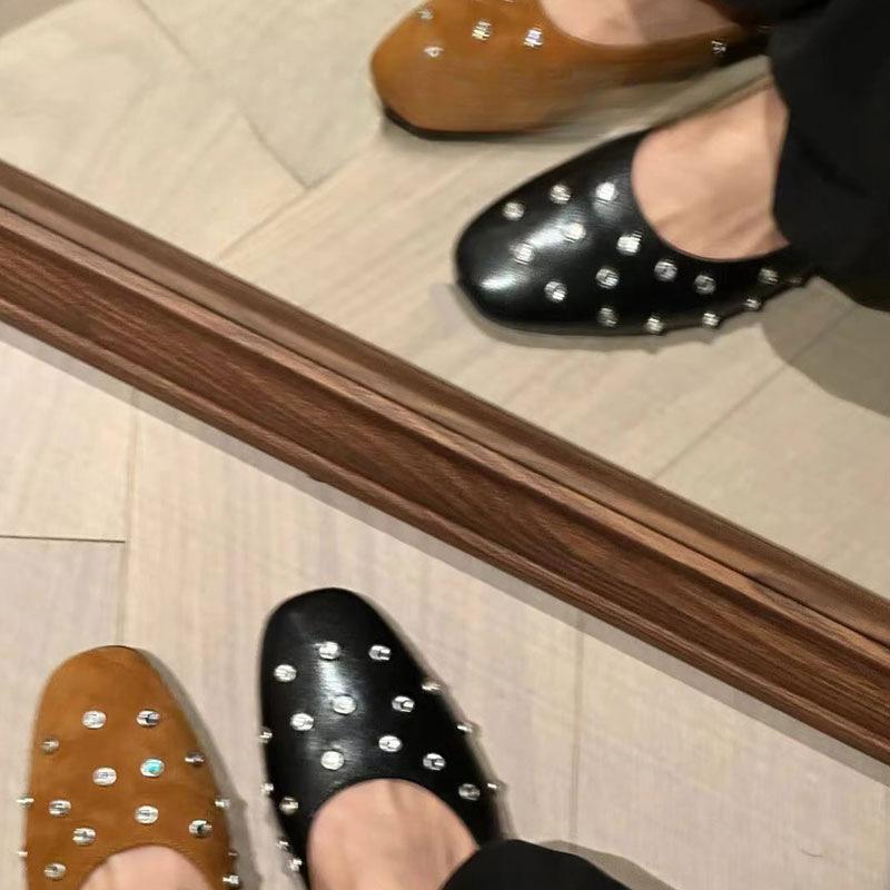 Rhinestone Mary Jane single shoes women's spring and summer fashion flat-bottomed rivet single shoes Nyonya shoes