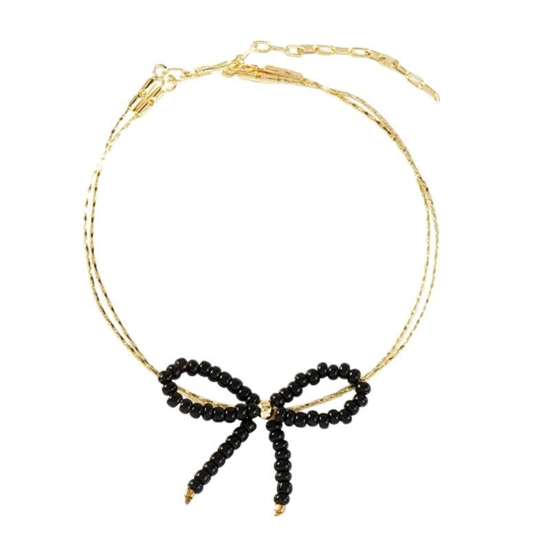 Fashionable Double Circle Beaded Bowknot Bracelet Adjustable Length Wrist Chain Accessory For Trendy Women 1