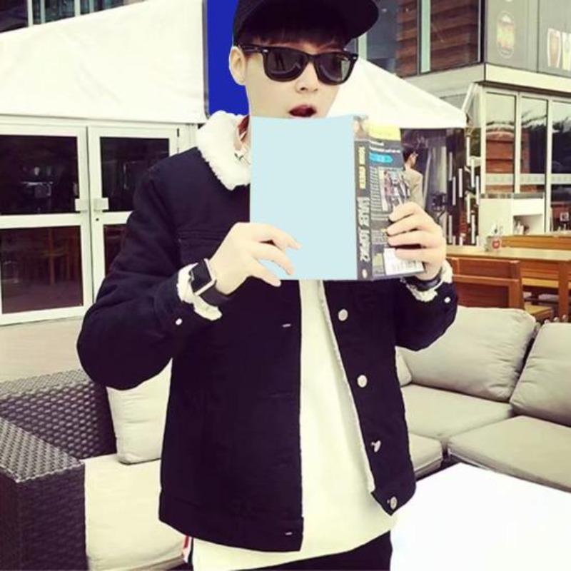 Giacca da Uomo con Bavero Manica Lunga in Tessuto Denim Cappotto con Tasche a Pattina Ispessito