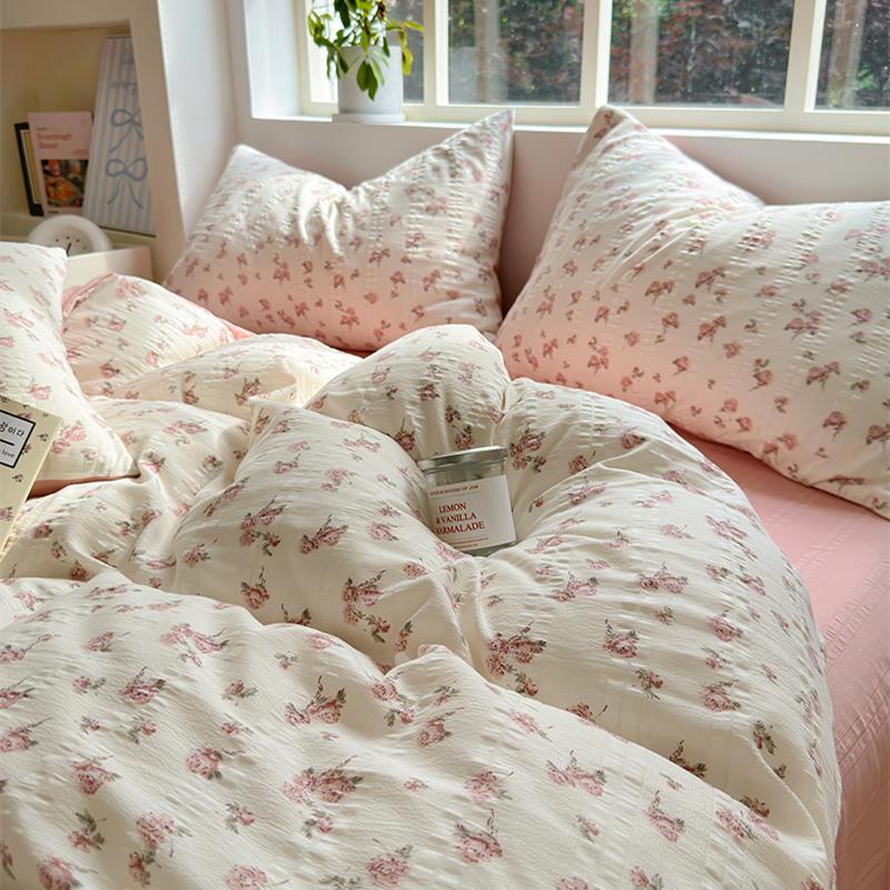Floral Print French Style Bedding Set Bubble Cotton Duvet Cover Set Washed Cotton Flat Sheet Set Queen For Girl Decor Home