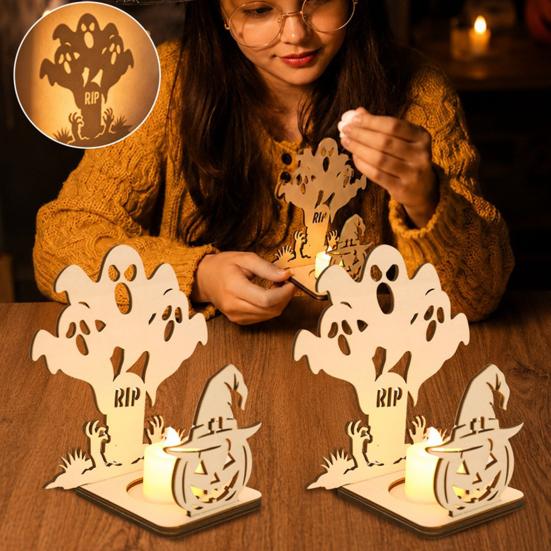 Festival Theme Lighting Halloween Candle Holder, Spooky Pumpkin Bat Shadow Tealight Party Scene Props Vintage Wooden Candlestick Ornament for