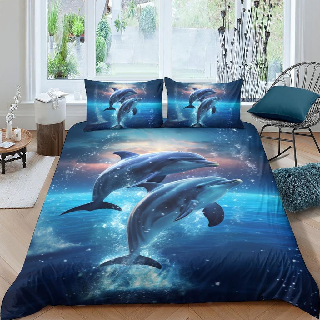 3-Piece Ultra-Soft 3D Dolphin Printed Duvet Cover Set - Luxurious Comfort, Realistic Design - Perfect for Bedrooms & Guest Rooms