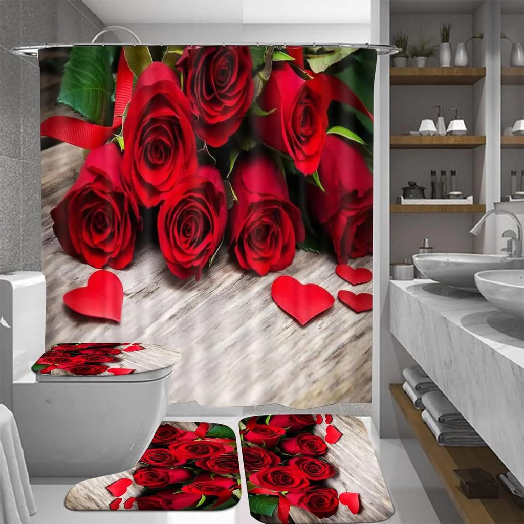 Red Rose Flowers Bathroom Curtains Black Fabric Shower Curtain Set Bath Mats Rugs Toilet Lid Cover Anti-Skid Carpet Home Decor