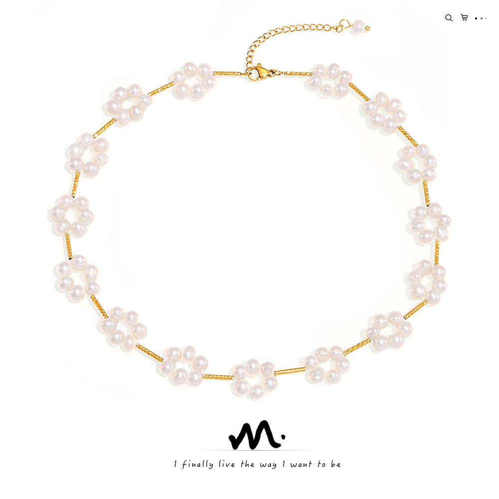 

French Freshwater Pearl Flower Necklace - Women s Light Luxury Titanium Choker