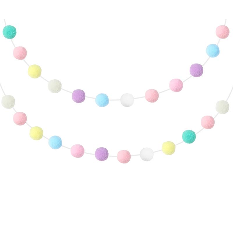 Easter Decoration Macaron Color Pom Pom Ball Garland Kids Birthday Party Decor Favors Supplies Baby Shower Hanging Bunting Flag