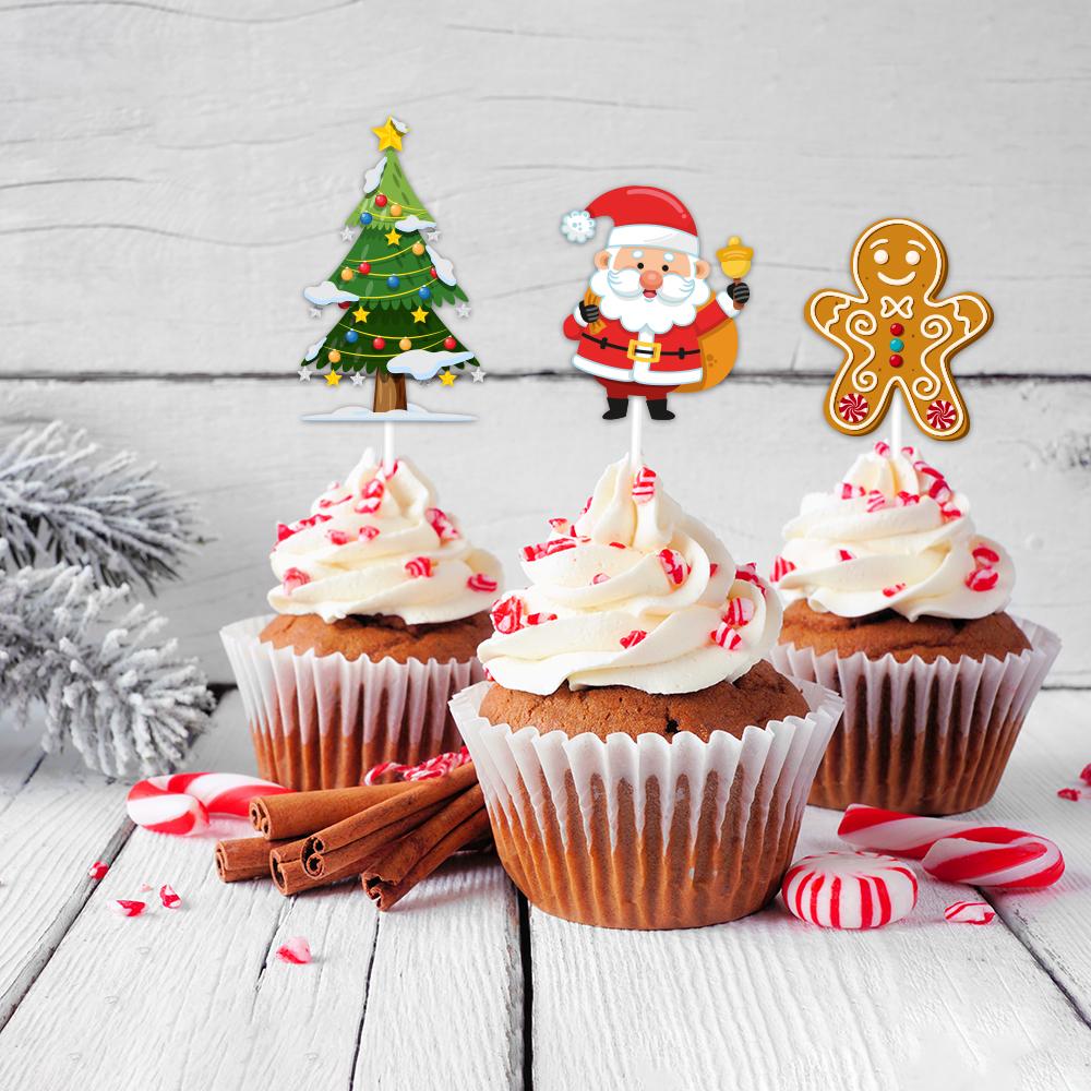24pcs Merry Christmas Cupcake Toppers Santa Claus Snowman Pattern Cake Toppers Pick for Christmas Party Dessert Baking Decor