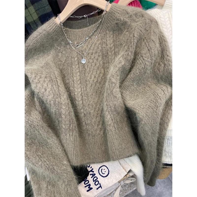

Sweater women s autumn and winter new round neck high-end niche design twist loose lazy knitted top One Size
