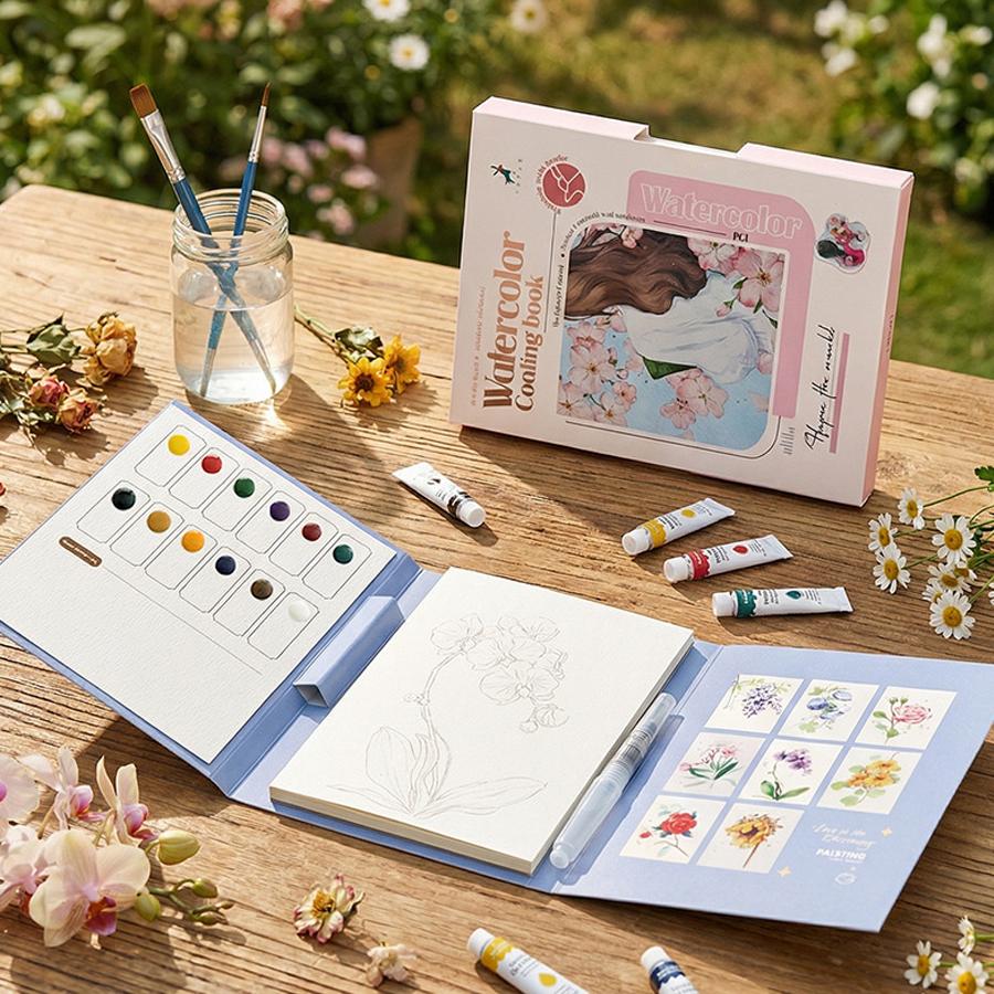 4styles Foldable Watercolor Coloring Book DIY Portable Painting Set with Pigment Adult Stress Relief Art Supplies