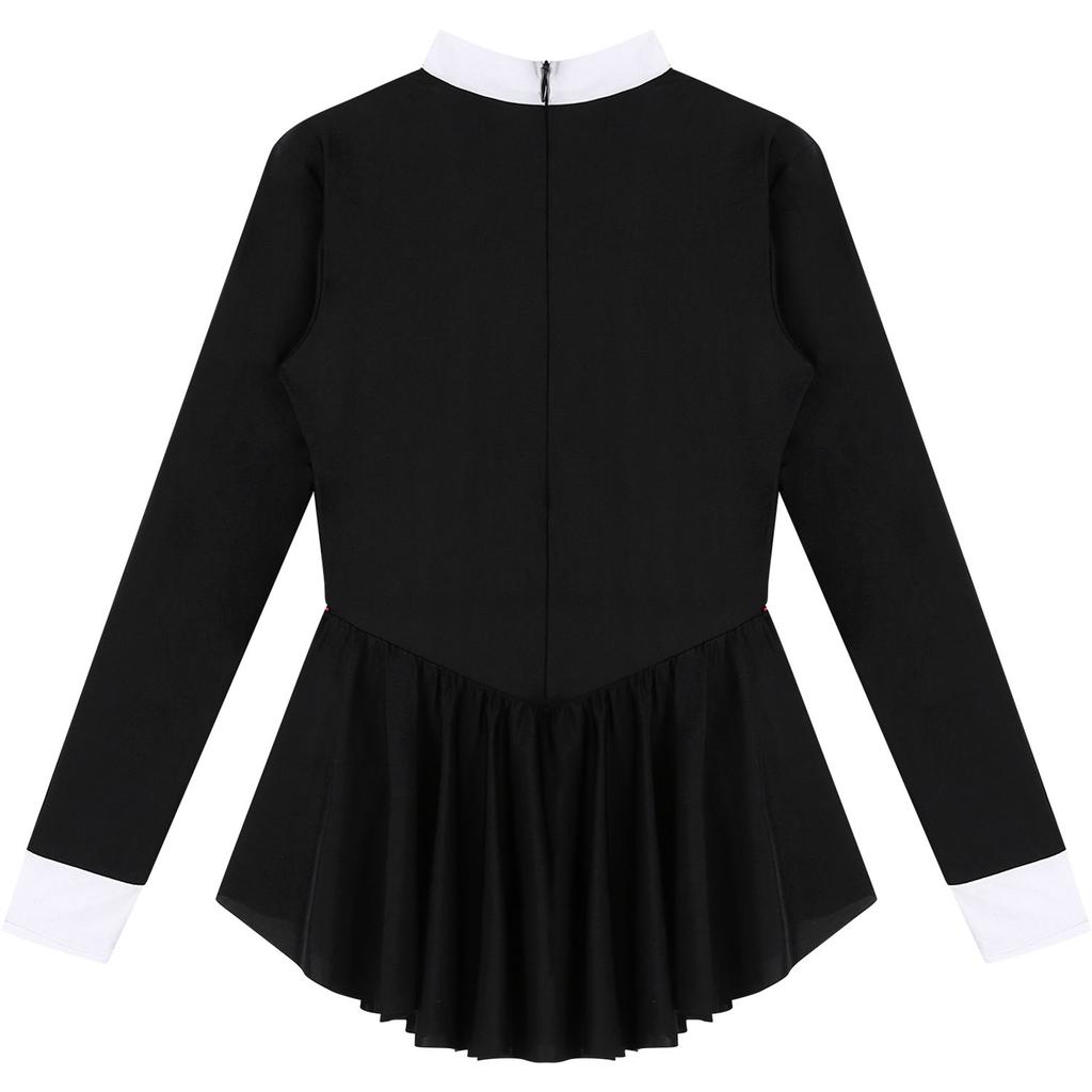 Women's Sexy Waitress Role Play Costume S-XXL: Contrast Color Tuxedo Style Dress with Bowknot Buttons & Long Ruffle Sleeves