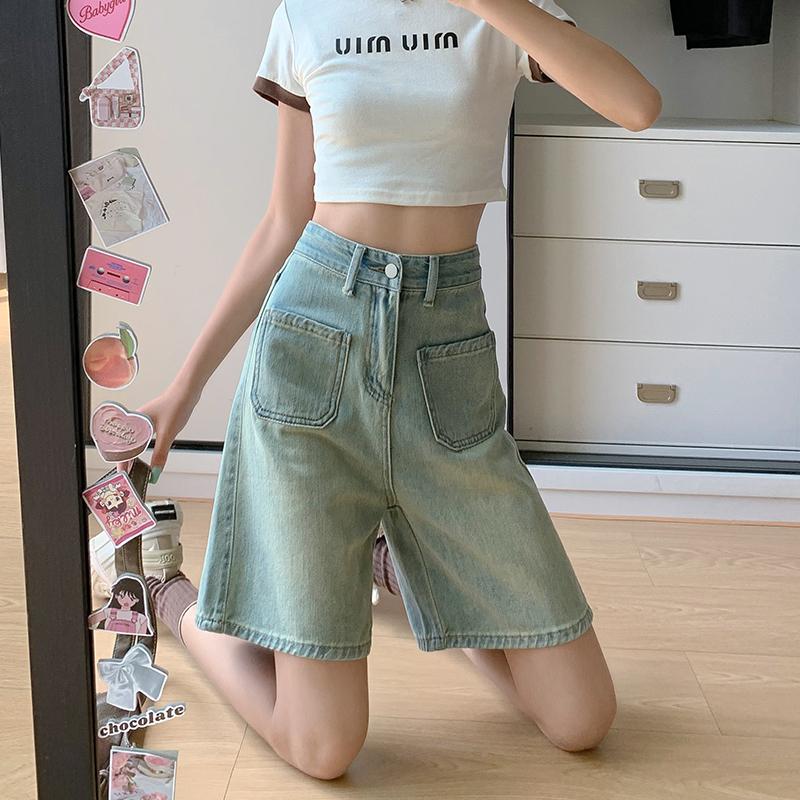 Pantaloncini di Jeans da Donna Retrò Taglia Grande Stile Americano Gamba Larga Capri Vintage Street Estate Femminile Vita Alta Larghi Corti Jeans