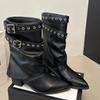 Fashion 2025 New Metal Belt Buckle Block Heel Single Boots Women's Fashion Pointed Toe Sleeve Pleated Mid-Cylinder Stack Boots