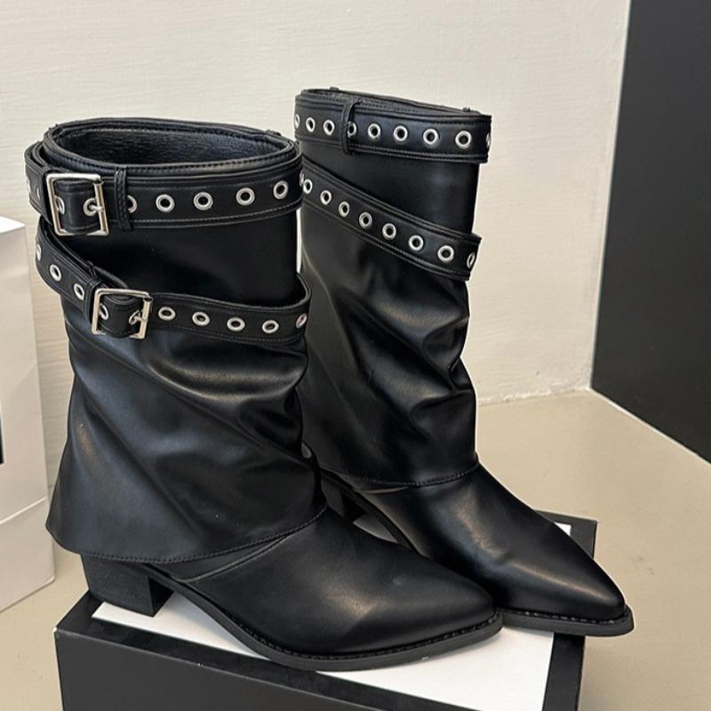 Fashion 2025 New Metal Belt Buckle Block Heel Single Boots Women's Fashion Pointed Toe Sleeve Pleated Mid-Cylinder Stack Boots