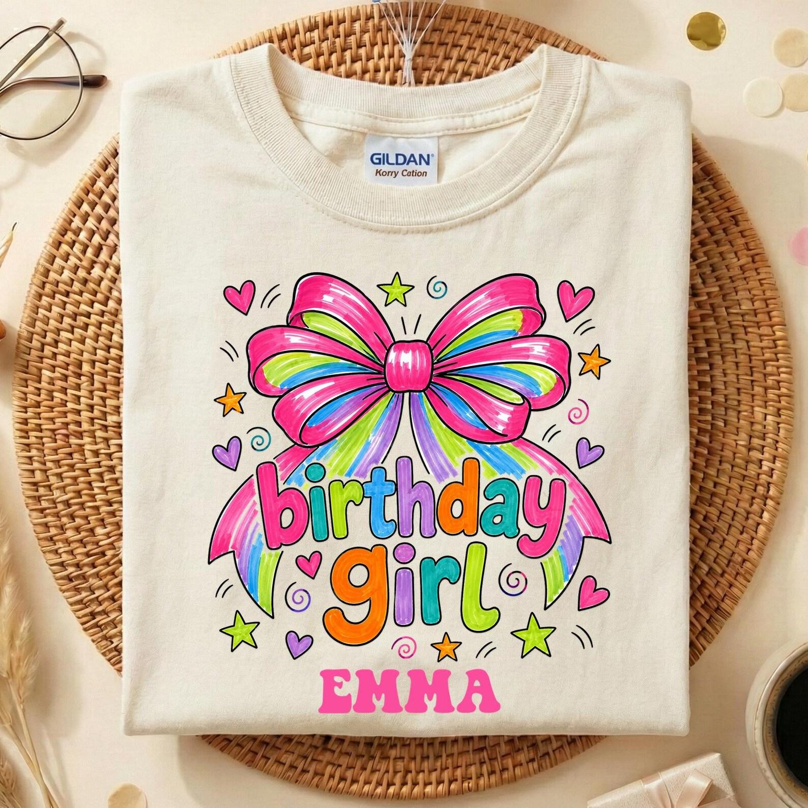 Personalized Birthday Girl Shirt, Custom Name Birthday Tee, Rainbow Bow Birthday Outfit, Cute Birthday Party Shirt, Unisex Birthday Outfit 130