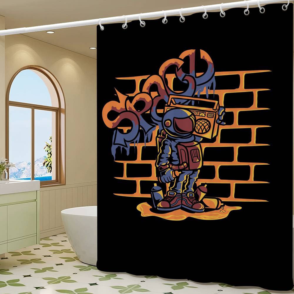 Cartoon Space Astronaut Simple Shower Curtain Bathroom Shower Curtain Easy To Clean And Scrub Polyester Waterproof Light Opaque