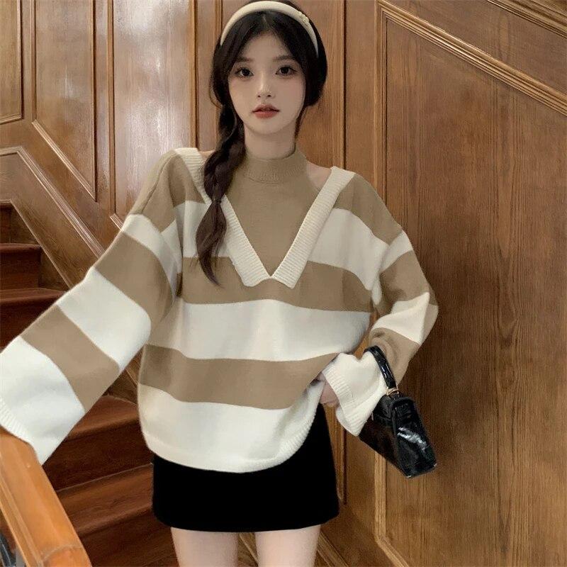 

Зима-Осень, полосатый свитер, женский повседневный свободный сексуальный вязаный пуловер с открытыми плечами, свитера, офисный женский трикотаж 28931 L хаки