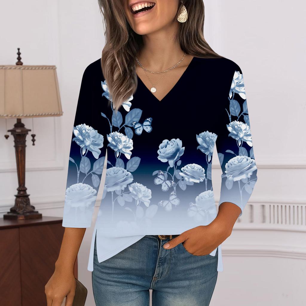 3/4 Sleeve Shirts For Women  Print Graphic Tees Blouses Casual Plus Size Basic Tops Pullover