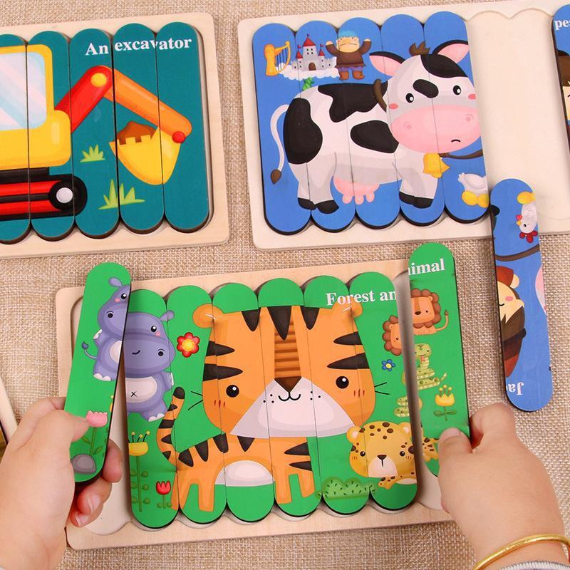Double Sided Strip 3D Puzzles Baby Toy Wooden Early Education Materials Educational Toys for Children Large Bricks Kids Learning Toys