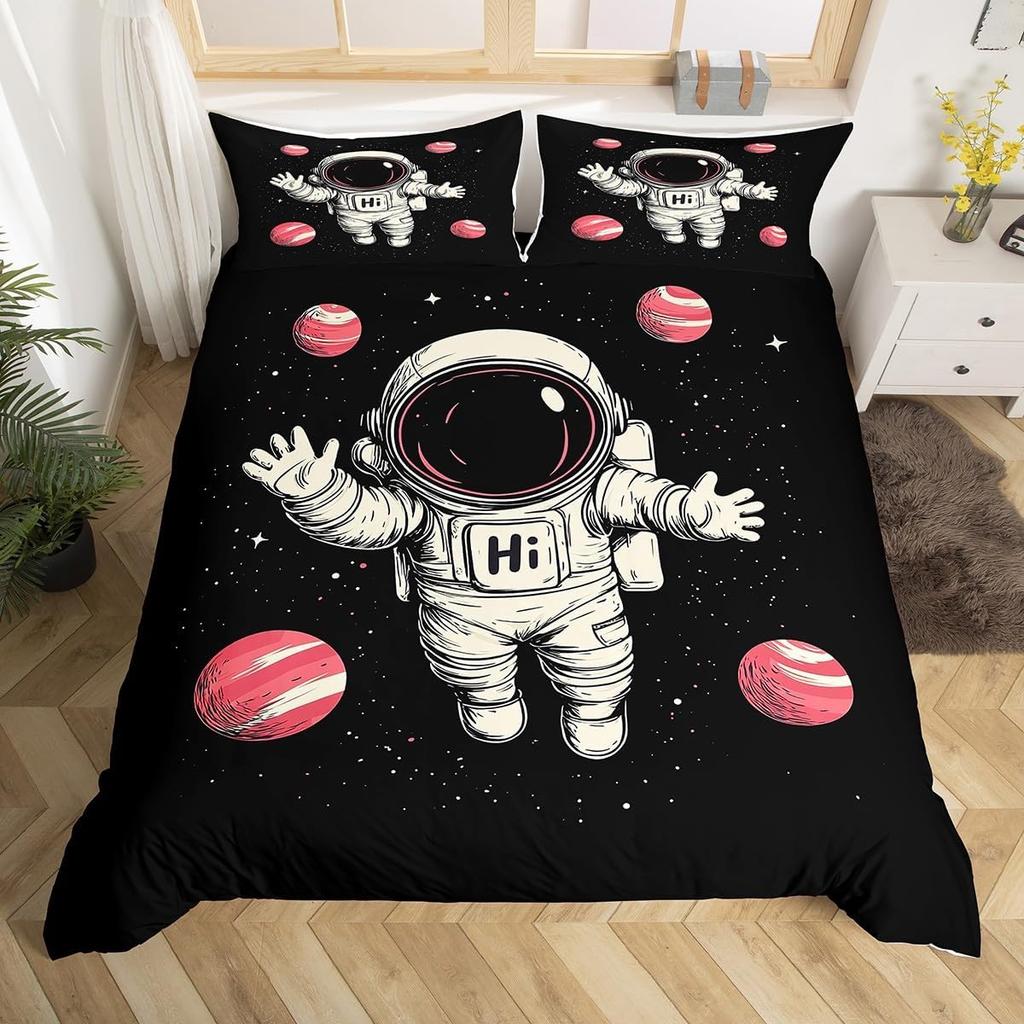 Cartoon Astronaut Duvet Cover Twin King Galaxy Bedding Set Outer Space Planet Star Quilt Cover for Kids Boys Girls Bedroom Decor