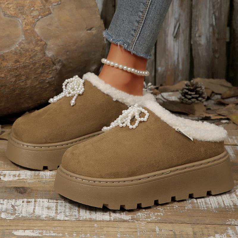Fashion Pearls Decor Thick Sole Plush Slippers Women Outdoor Warm Winter Cotton Shoes Woman Plus Size 36-43 Non Slip Snow Boots