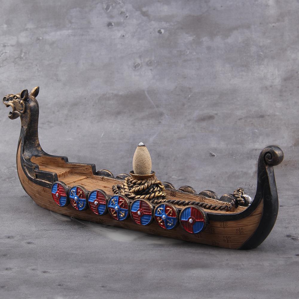 Ceramic Waterfall Incense Burner Viking Dragon Boat with 10 Free Cones Gift Option for Mixed Aromas
