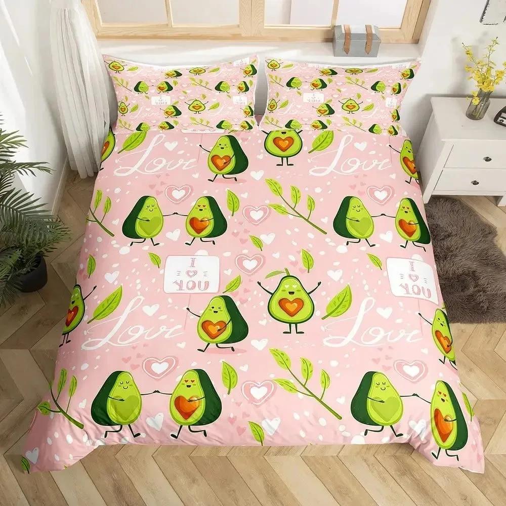 Avocado Duvet Cover Set Queen Size 3D Printed Cartoon Funny Faces Avocado Bedding Set Green White,Tropical Botanical Quilt Cover