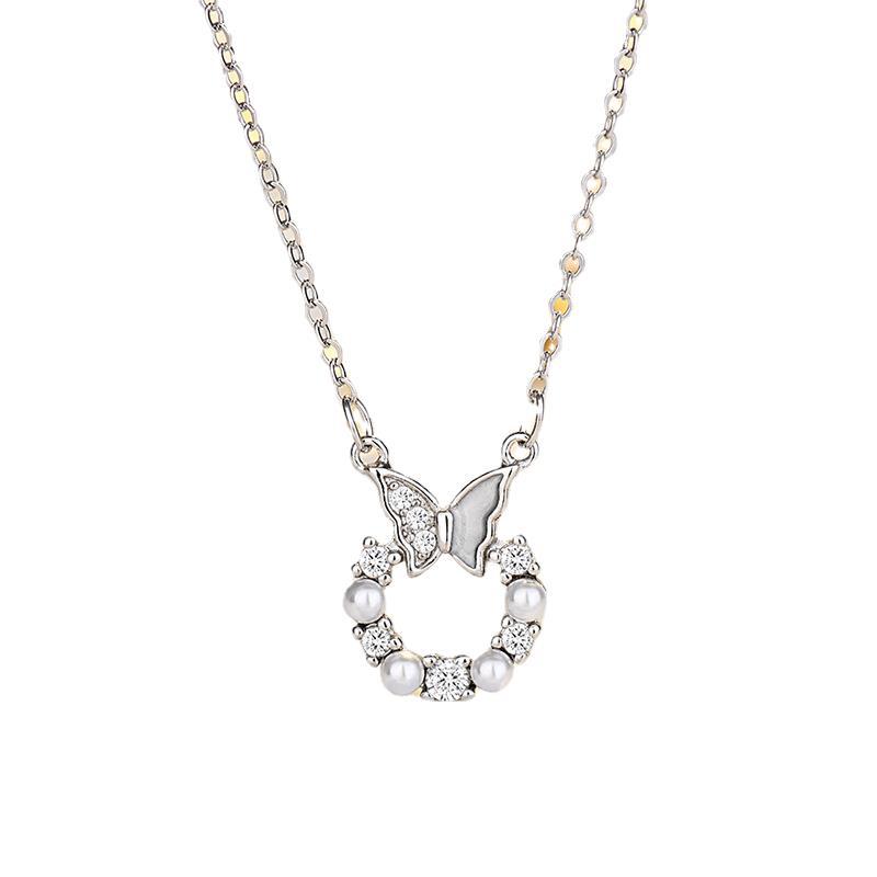 Pearl Butterfly Necklace for Women with Light Luxury Niche Design Sense Splicing Strange Pearl Clavicle Chain Necklace Sweater Chain