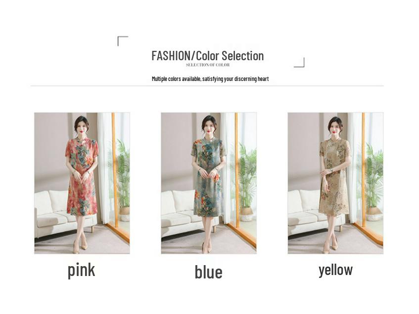 Printed Chiffon Cheongsam Dress - Women's Summer Mom Outfit, Mid-Length Temperament Style.