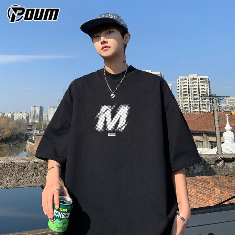 POUM American-Style Short-Sleeve T-Shirt for Men And Women, Summer Cool Trendy Loose Casual High Street Pure Cotton PH10 Black 2XL