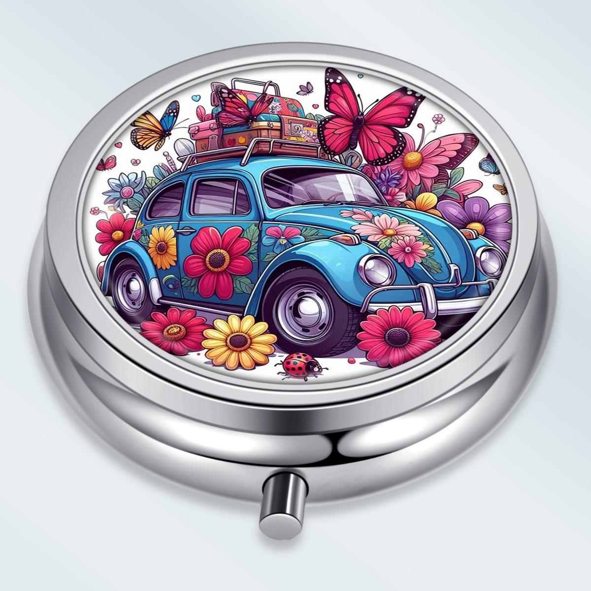 

Portable Pill Box with 3 Compartments, Mini Metal Medicine Organizer Case, Cute Printed Pill Container for Vitamins, Pills, Jewelry, Travel, Daily Use