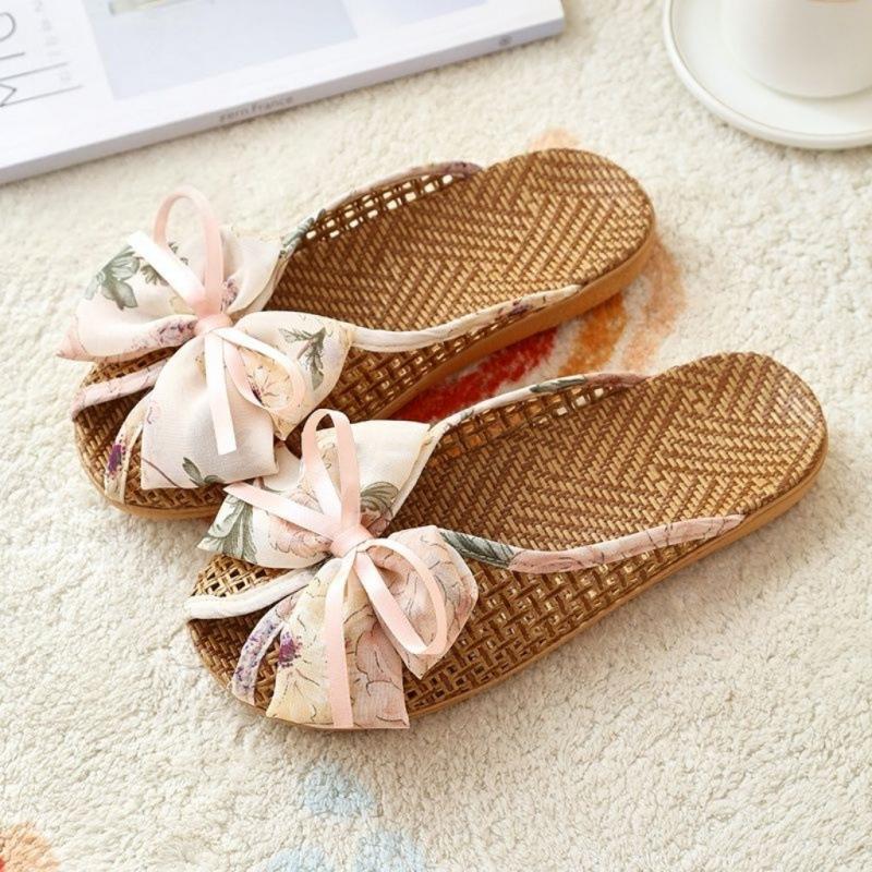 

Новые льняные тапочки с бантом домашние милые корейская версия мягкая подошва для пола нескользящие комнатные дышащие бесшумные летние 260（39-40） бежевый