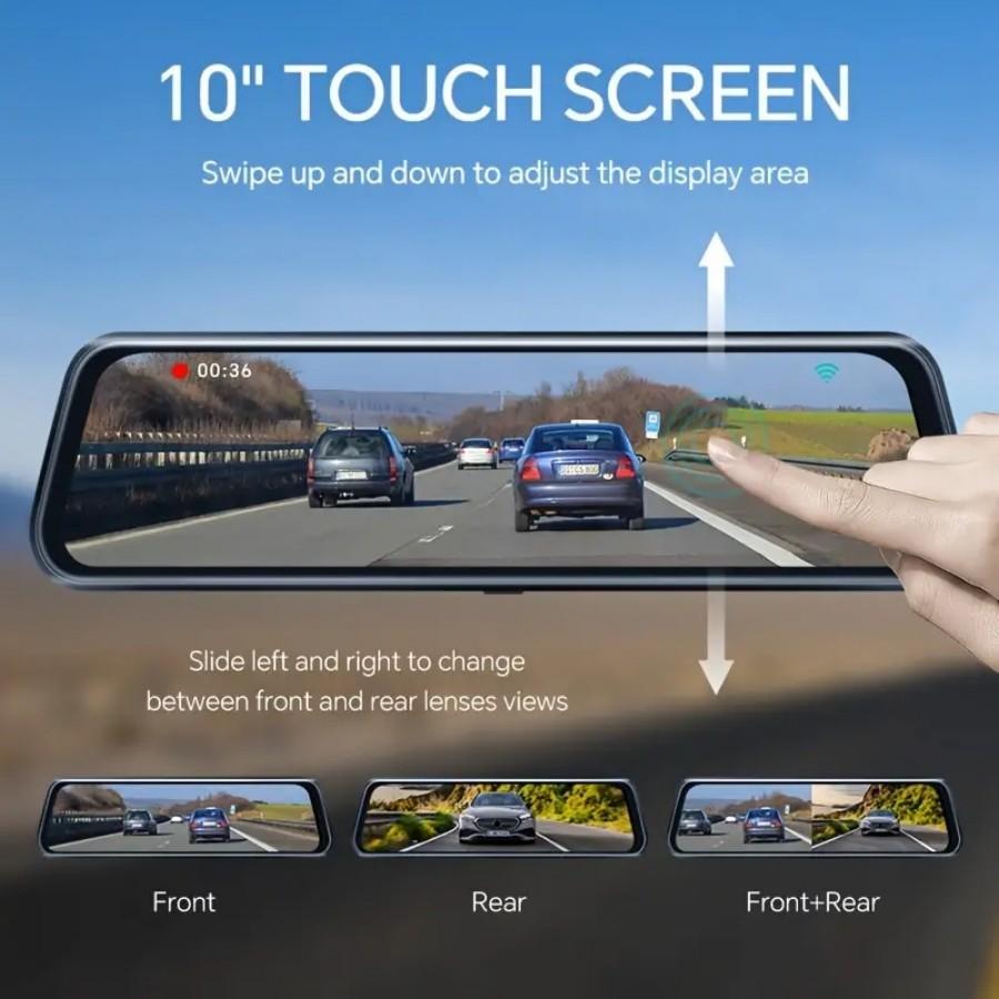 10'' Full HD Touch Screen Rear View Mirror Dash Cam - Front and Rear Camera With Loop Recording, G-Sensor,  170° Wide Angle dash