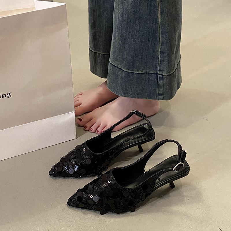 French Niche High Heels Silver Bag Head Sandals Shoes New Spring and Summer Pointed Single Shoes Summer New