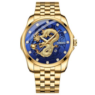 Men's Gold Dragon Watch, Stainless Steel: Luminous Analog, Calendar, Dragon, Antique Quartz Watch, 3ATM Water Resistant, Fashion Accessory - Perfect