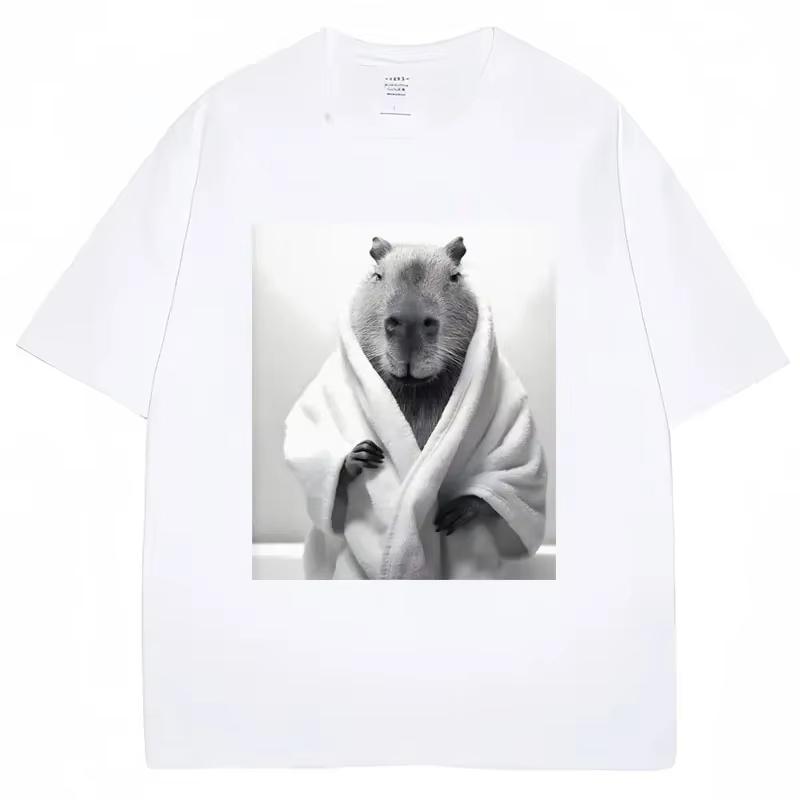 Funny Capybara in Bathrobe Print T Shirts Creativity Popular Summer Short Sleeve Cotton  Casual Tees Unisex Streetwear