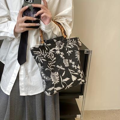 Vintage Floral Pattern Tote Bag, Retro Chinese Style Bag, Women's Fashion Handbag & Purse