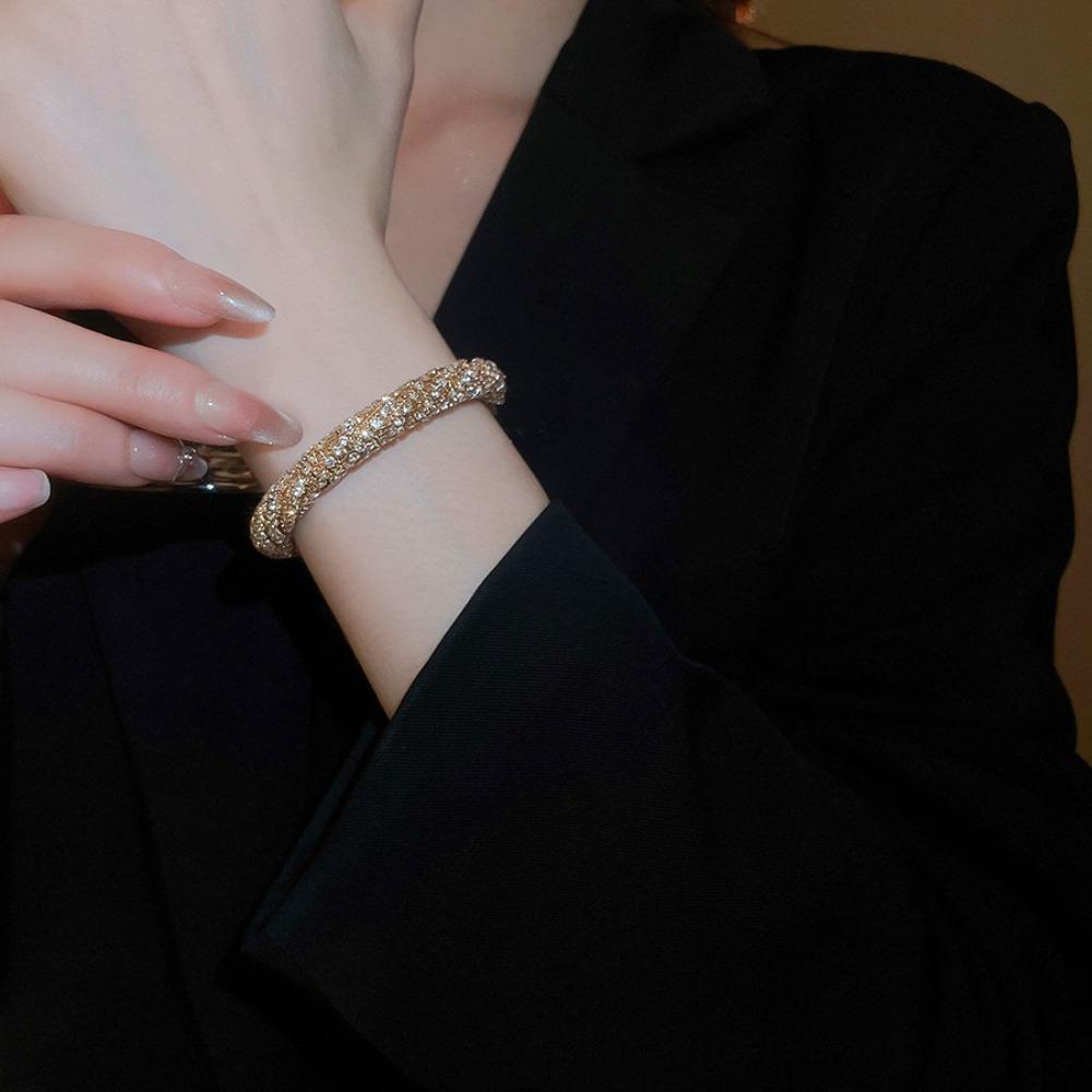 Round Rhinestone Bangle Gold Open Bangle Fashion Cuff Bracelet  Ladies
