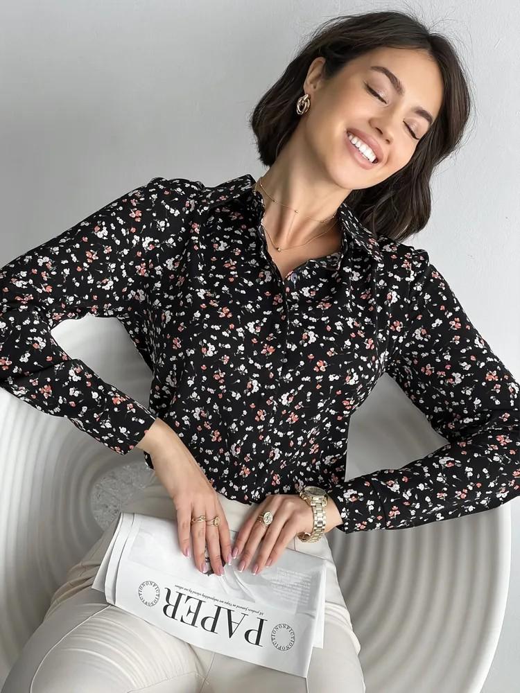 

Весенне-летняя рубашка с длинным рукавом, V-образным вырезом, универсальный принт, женский топ XL чёрный