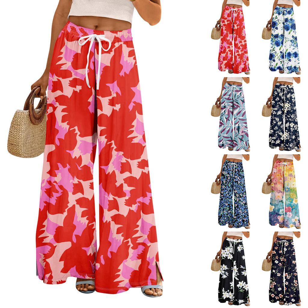Damen Sommer Boho Palazzo Hose Hohe Taille Weites Bein Blumendruck Freizeithose Mit Taschen